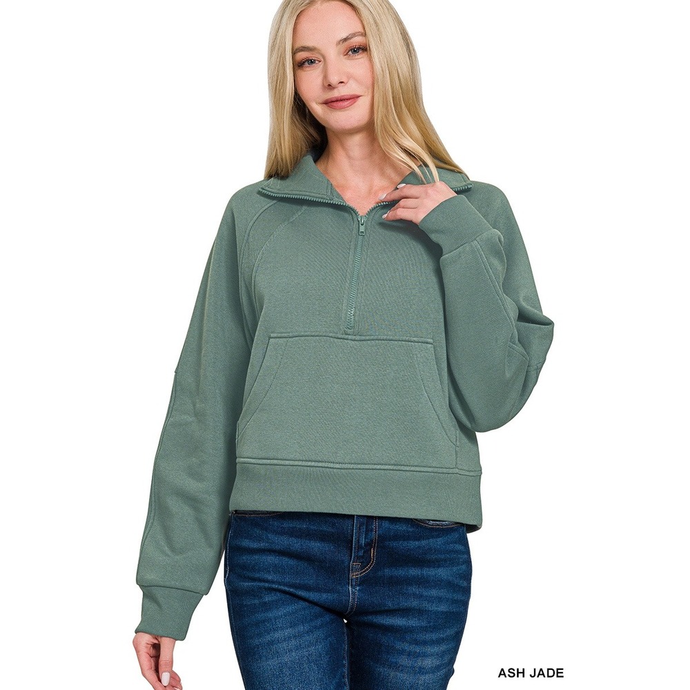 Zenana Sweatshirt Women Small Ash Jade NWOT Quarter-Zip Raglan Pullover